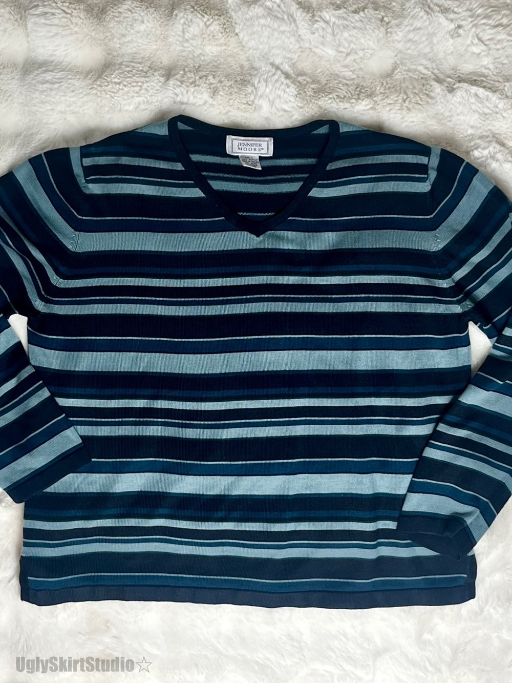 Vintage Jennifer Moore Blue Navy Striped V-Neck Sweater Preppy Academia - Size L